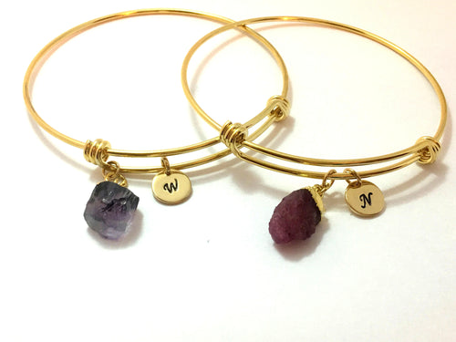 February Birthstone Bracelet Amethsyt Raw Crystal bracelet Gold bangle birthstone initial Rough Cut Gemstone adjustable Gift for best friend