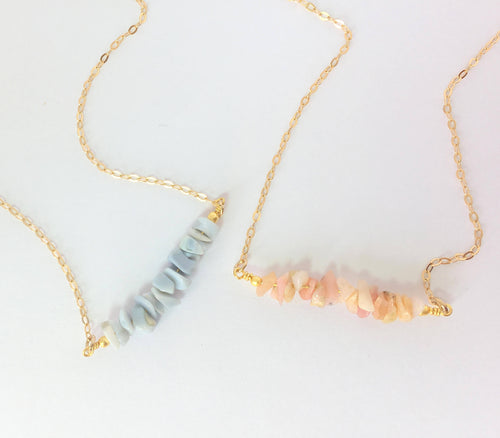 Opal Necklace - October Birthstone Necklace- Raw Crystal Necklace - Bead Bar Necklace - Natural Pink or Blue Opal Gold  Layering Necklace