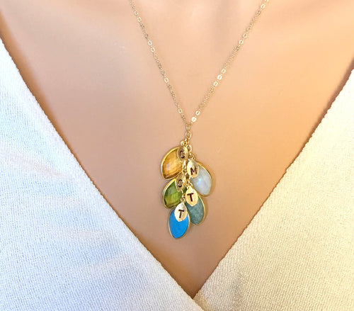 Personalized Mothers Necklace, Gift for mom, Family Tree Necklace, 14K gold fill Grandma Necklace, Initial Stamped Jewelry, Initial leaf - LillaDesigns