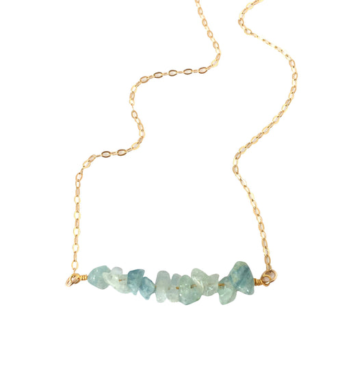 Aquamarine Necklace - March Birthstone Necklace- Raw Crystal Necklace - Bead Bar Necklace - Natural Aquamarine Gold Dainty Layering Necklace