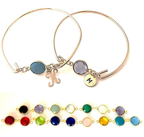 Valentines Day Gift Monogram Bracelet Initial Bangle birthstone personalized  gift for best friend friendship gift 14K gold Sterling Silver