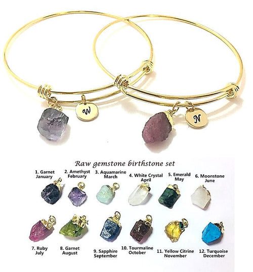 Raw Stone Jewelry Crystal bracelet bangle birthstone initial 14k Gold fill Rough Cut Gemstone Bracelet Gift for best friend for her