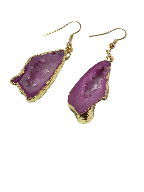 Druzy Earrings Dangle Gold plated Bohemian Earrings Pink Drusy Raw Crystal Jewelry Gift for best friend gift for wife large earrings