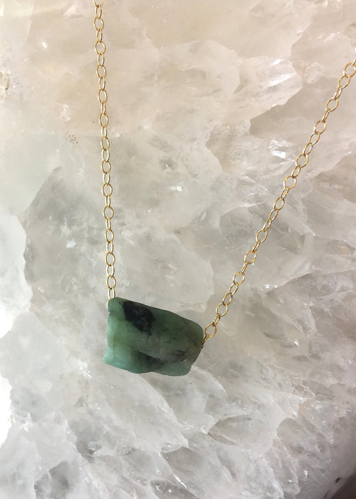 Raw Emerald Necklace May Birthstone Crystal Necklace Rough Gem Stone Necklace 14k Gold Layering Necklace