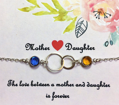 Mother Daughter Necklace with Swarovski Crystal Birthstones Infinity Circle Sterling Silver dainty Necklace Connecting Circles gift for mom - LillaDesigns