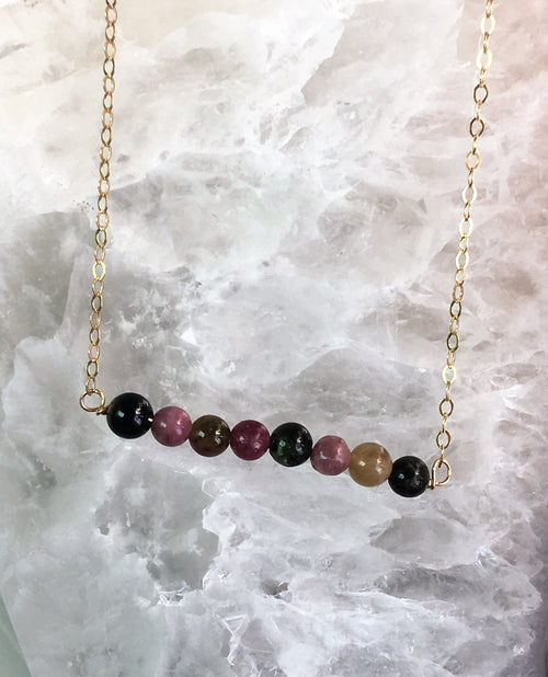 Watermelone Tourmaline Necklace October  Birthstone Necklace Gold Dainty bead Raw Stone Necklace