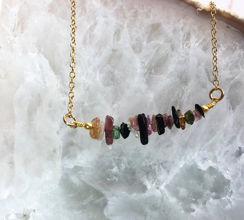 October Birthstone Necklace- Raw watermelon tourmaline Necklace - Crystal Necklace - Bead Bar Necklace - Natural Pink Peruvian Opal