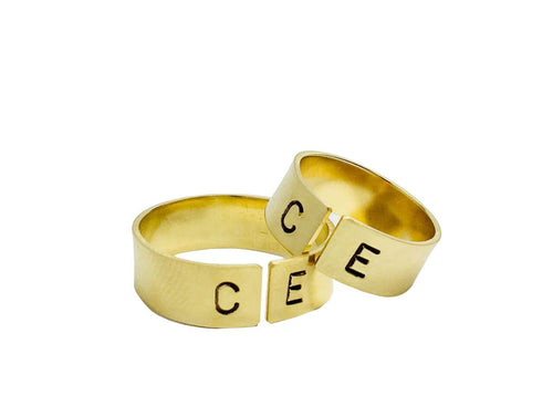 Personalized Initial Gold Ring - Set of 2 rings Open Initial Ring - Couples ring Handstamped ring Relationship Ring Custom stamped ring