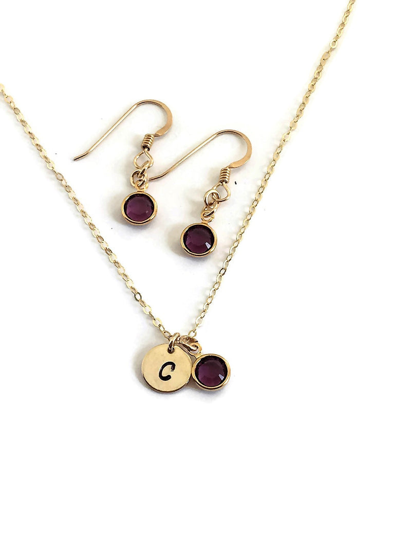 Gold Dainty initial Necklace set Swarovski Crystal Birthstone handstamped initial necklace earrings christmas gift for girlfriend for wife