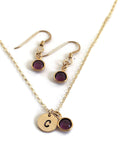 Gold Dainty initial Necklace set Swarovski Crystal Birthstone handstamped initial necklace earrings christmas gift for girlfriend for wife
