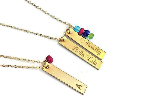 Vertical Bar Mom Necklace Engraved with kids names Custom engraved bar initial  birthstone charm added vertical bar 14K gold sterling silver