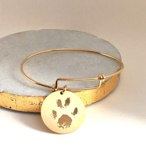 Dog Paw Print Bracelet Engraved Your Pet's actual Paw engraved bracelet handwriting pet memorial coin round shape pet bracelet 14K Gold Fill