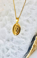 Gold Medallion Necklace Gold Coin necklace Virgin Mary Necklace Guadalupe Gold large pendant round Holy Mary Necklace Miraculuos Medal