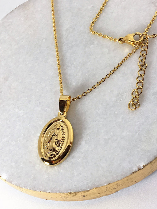 Virgin Mary Necklace Gold Medallion Necklace Catholic Gift Guadalupe Gold Saint pendant round circle Holy Mary Necklace Miraculuos  Medal