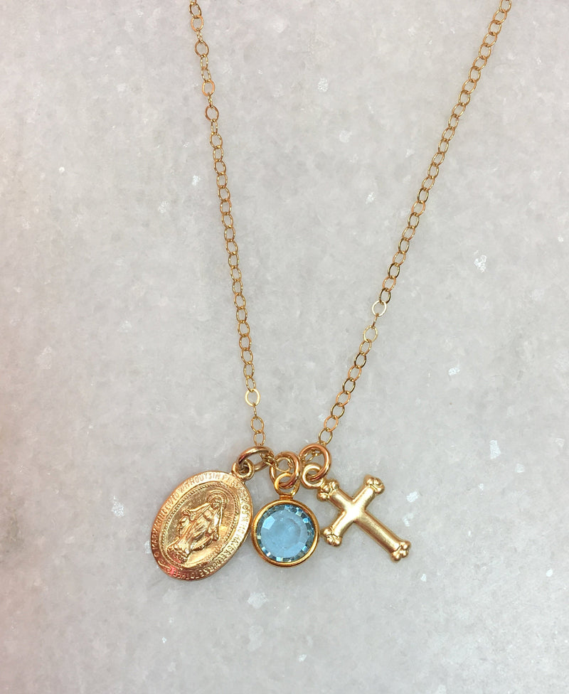 Virgin Mary Gold Necklace Cross Necklace Personalized Necklace Birthstone added Catholic Jewelry gift for Catholic woman miraculous Necklace