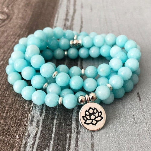 Aquamarine Happiness Mala Bead Necklace or Bracelet 108 beads Crystal Healing Necklace