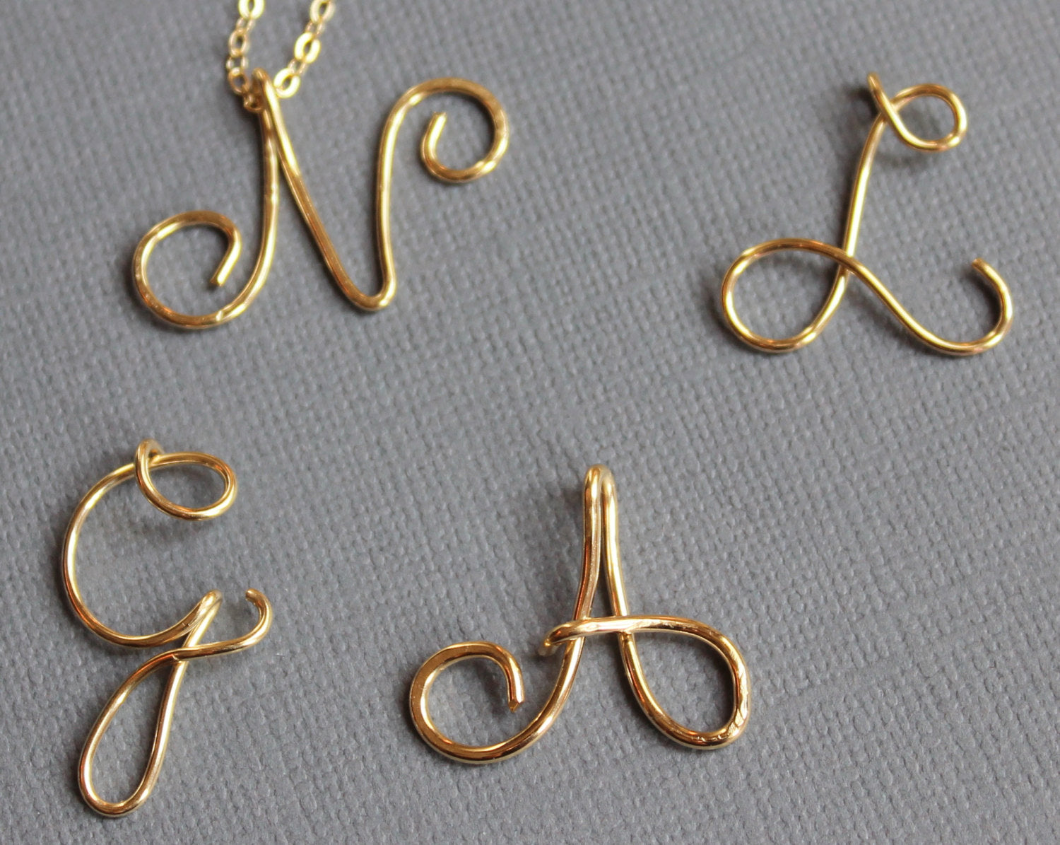 Script Initial Gold 14K Fill Bridesmaid Upper Case Initial Calligraphy LillaDesigns
