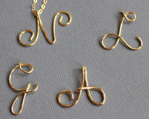 Script Initial Gold 14K Fill Bridesmaid Upper Case Initial Calligraphy Letter Necklace Wire Name, Wire Initial