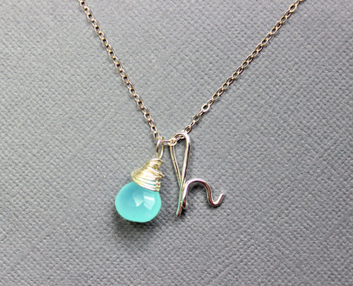 Script Initial Sterling Silver Bridesmaid Lower Case Initial Calligraphy Letter Necklace. Birthstone, Wire Name