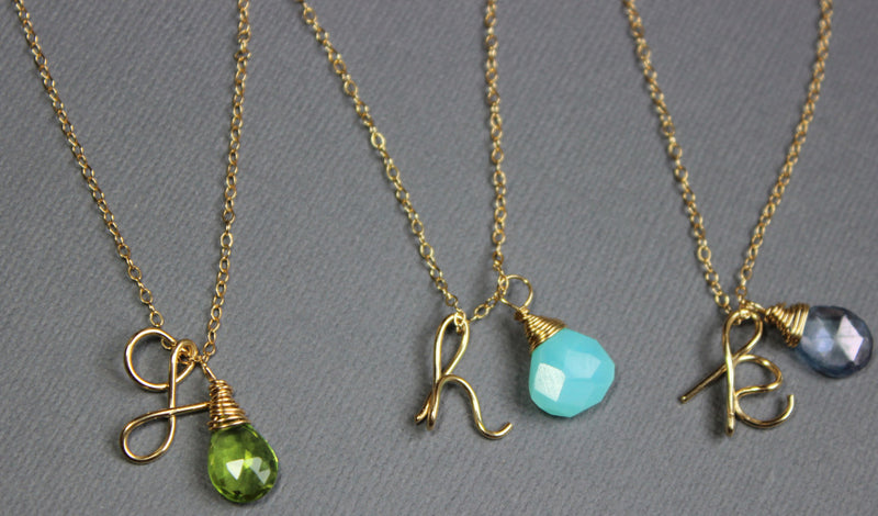Script Initial Necklace / Gold Fill Bridesmaid Lower Case Initial / Calligraphy Letter Necklace. Birthstone, Wire Name