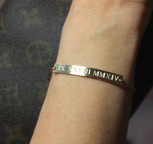 Custom Gold Bar Date Bracelet Nameplate Personalized Custom Bangle Horizontal Gold Bar Initial Monogram name sterling Silver Celebrity Style