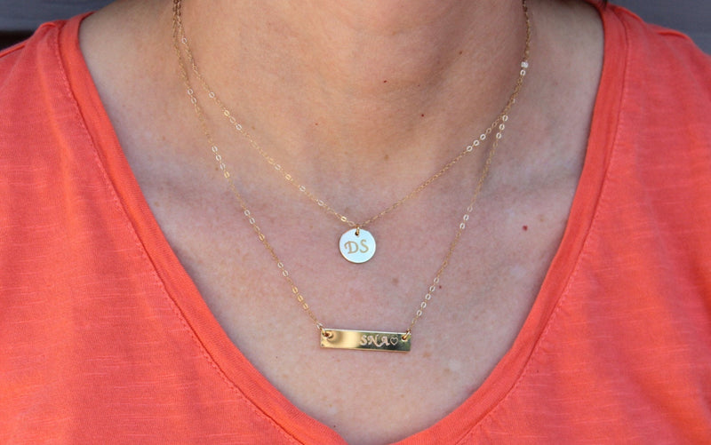 Multi Strand Necklace, Gold Bar Layered Double Layered Disc Necklace Personalized  Dics Stamped Double Strand Initial  2 Layer