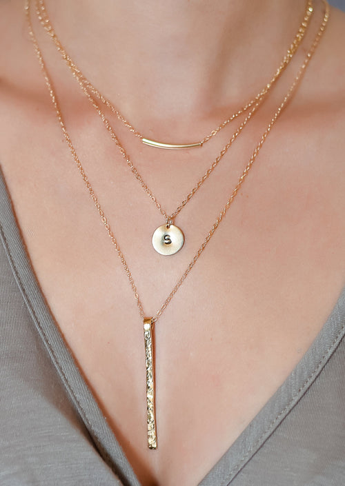 Gold Bar Necklace /Long Bar Necklace / Set of 3 Layering Necklaces / Personalized Disk Necklaces Layering Necklaces Layered and Long - LillaDesigns