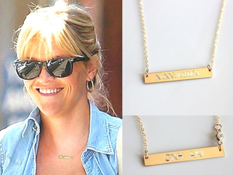 Gold Bar Necklace Nameplate - Personalized Custom necklace Horizontal Gold Bar Initial Monogram name sterling Silver Celebrity Style