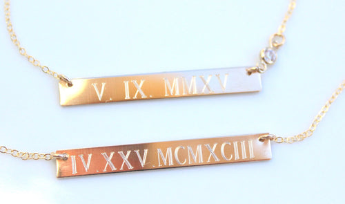 ROMAN NUMERAL WEDDING Date Sterling Silver Custom Personalized Gold bar necklace Nameplate Engraved Horizontal  Monogram name necklace
