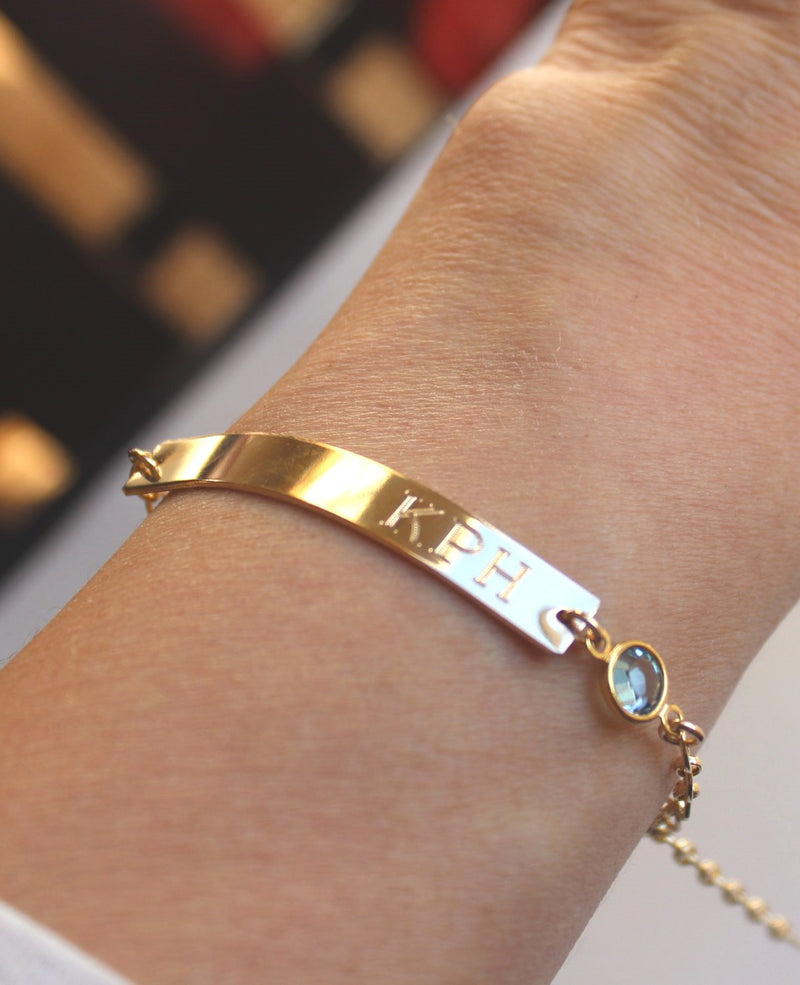 Wedding Date Gold Bar Engraved Bracelet Birthstone Swarovski  Nameplate Personalized Initial Monogram name sterling Si