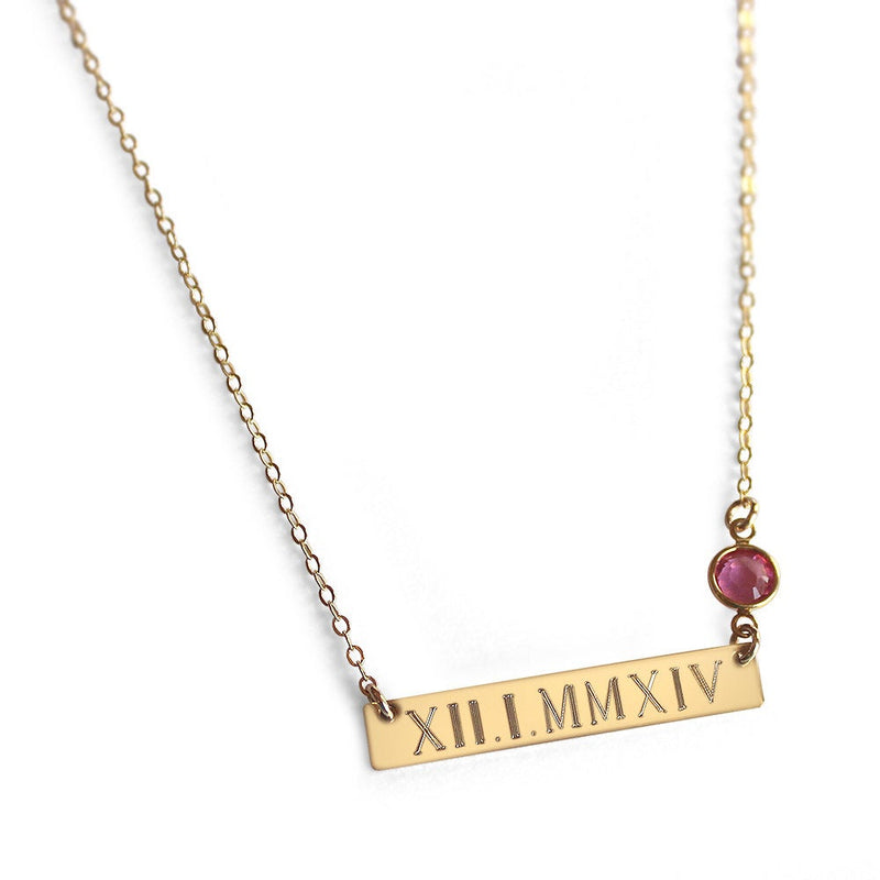 Gold Bar Necklace - Roman Numeral Date Personalized - Nameplate Engraved Horizontal Gold Bar Initial Monogram Lilla designs - Lilladesigns