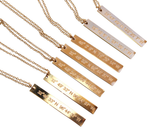 Gold Bar Vertical Necklace  Coordinate Necklace - Nameplate longitude Latitude - LillaDesigns