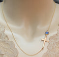 Cross and Birthstone Necklace - Personalized Side-way Cross Gold Necklace, Birthstone Necklace - LillaDesigns