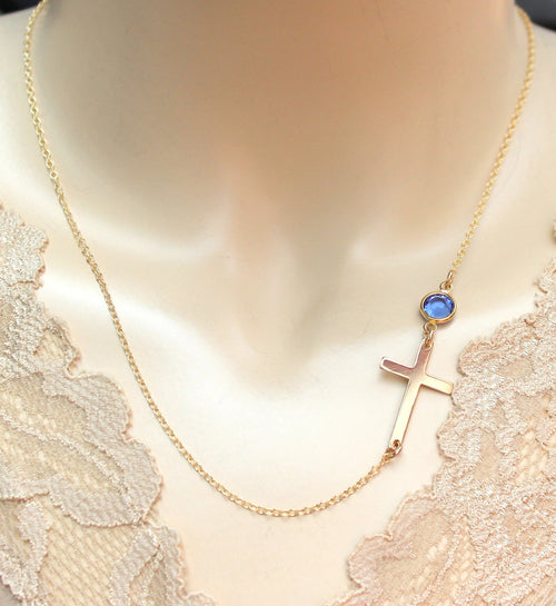 Cross and Birthstone Necklace - Personalized Side-way Cross Gold Necklace, Birthstone Necklace - LillaDesigns