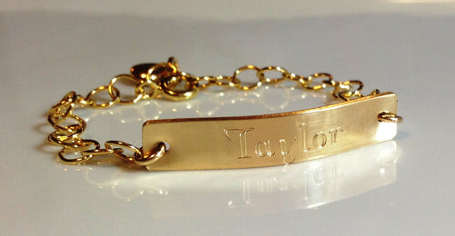 Baby Baptism Name Bracelet Children Engraved Bracelet Name Gold Bar Bracelet cross charm Catholic Child Baby ID Bracelet Sterling Silver - LillaDesigns