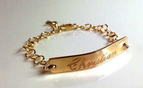 Baby Gold ID Bracelet - Baby Baptism Name Bracelet Catholic Child Engraved Bracelet Nameplate Gold Bar Bracelet Catholic Child Baby Bracelet