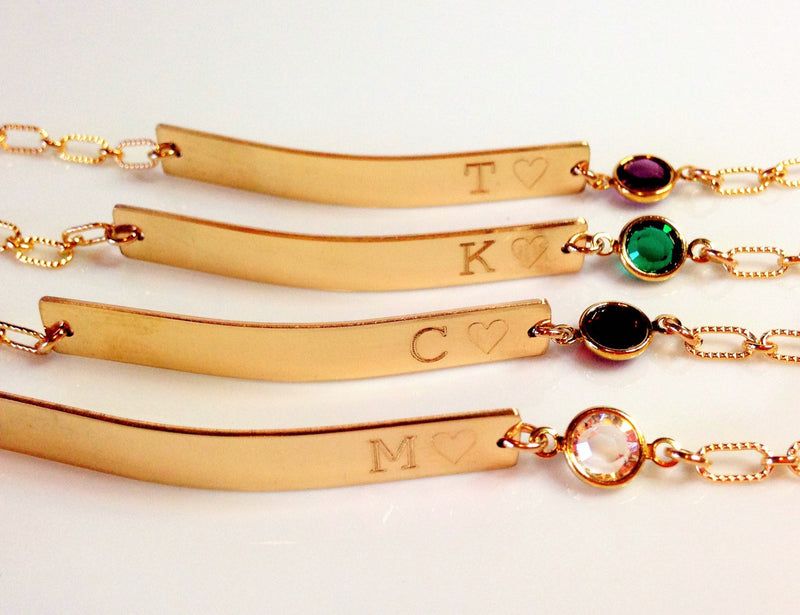 Nameplate Gold Bracelet - Birthstone Gold Bar Engraved Bracelet - Birthstone Swarovski Nameplate Personalized Initial Monogram name sterling