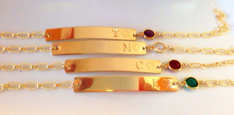 Monogram Gold Bracelet - Birthstone Gold Bar Engraved Bracelet - Birthstone Swarovski Nameplate Personalized Initial Monogram name sterling - LillaDesigns