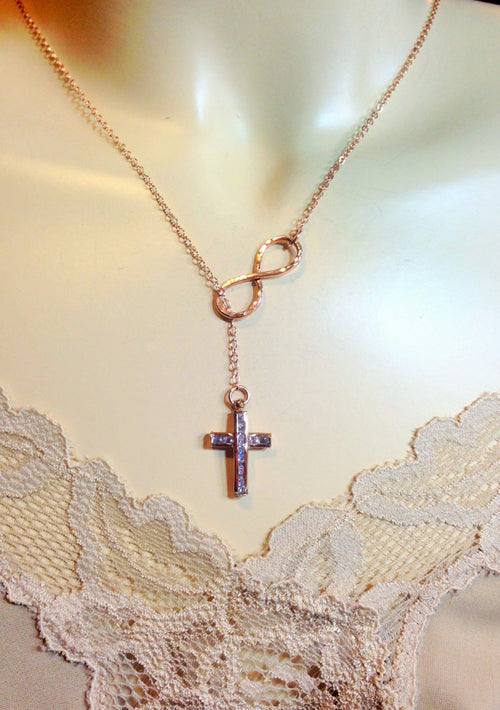 GOLD Infinity Lariat Cross Necklace - Gold Filled CZ Cross Infinity  - Faith Necklace / Cross Infinity - Catholic Jewelry - Diamond Cross - LillaDesigns