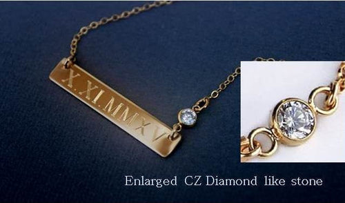 Personalized GOLD bar necklace - Nameplate Engraved-  CZ Diamond accent Necklace - Mothers Initial Monogram name necklace  sterling silver