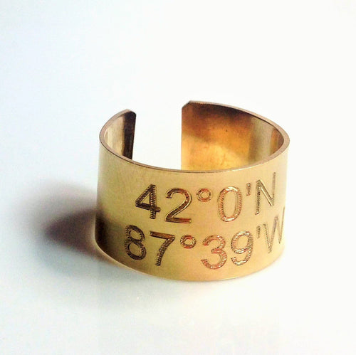 Custom Coordinate Ring -  coordinates Gold Latitude Longitude Personalized Wide Band Ring - LillaDesigns
