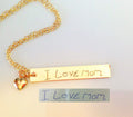 Handwriting Necklace Vertical Bar Sterling Silver Custom handwriting Necklace with heart/ Gold Filled Necklace memorial handwritten jewelry