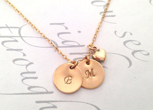 Gold Initial Necklace Personalized Disc Necklace Handstamped Initials with heart charm Romantic jewelry Heart Initial Necklace Gold Filled