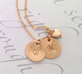Gold Initial Necklace Personalized Disc Necklace Handstamped Initials with heart charm Romantic jewelry Heart Initial Necklace Gold Filled