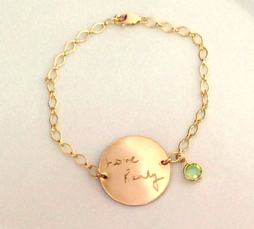 Custom Handwriting Bracelet / Actual Handwriting Bracelet with birthstone added  Large Coin Signature Bracelet  Memorial handwriting jewelry