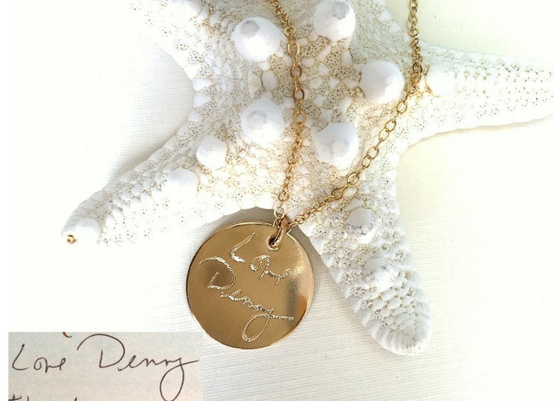 Custom Handwriting necklace - Personalized Round Disc Handwritten Necklace - Gold Round pendant handwriting  Necklace - Handwritten Jewelry