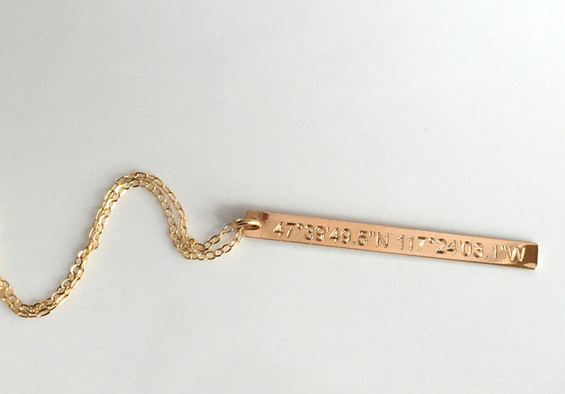 Custom Coordinate Necklace - Long Skinny Bar - Vertical bar -Longitude Necklace, Latitude Engraved Gold Bar Necklace - LillaDesigns