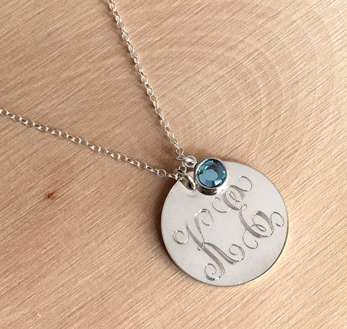 Monogram Necklace - Sterling Silver Fancy Monogram Necklace birthstone charm  Round Gold Coin initials Necklace Personalized fancy Script